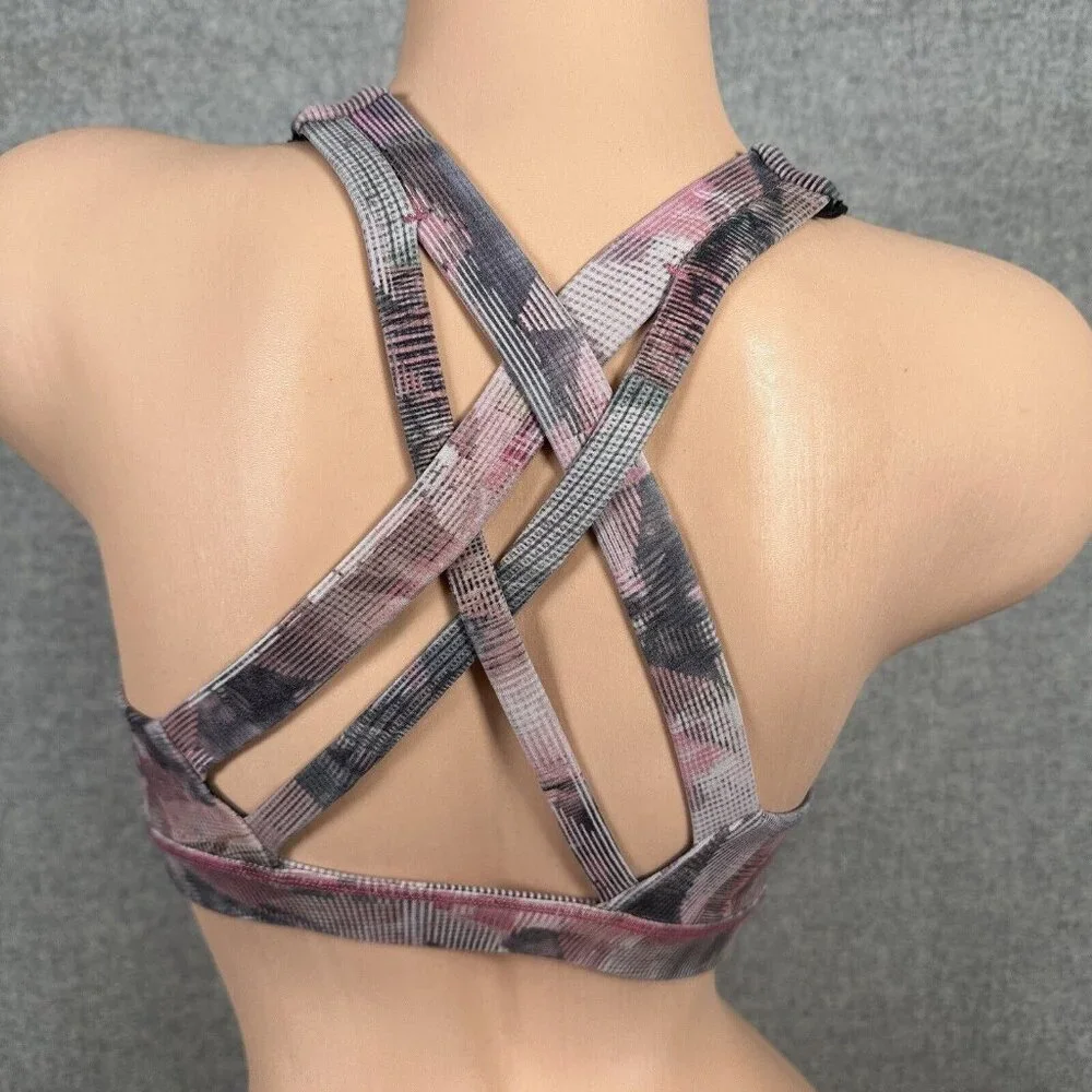 Lululemon Size 6 Sports Bra Womens Pink Gray Abstract‎ Crossback Scoop Neck